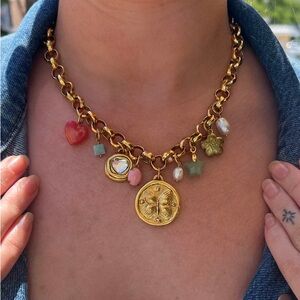16" Antiqued Gold Charm Necklace / Chunky Charm Necklace
